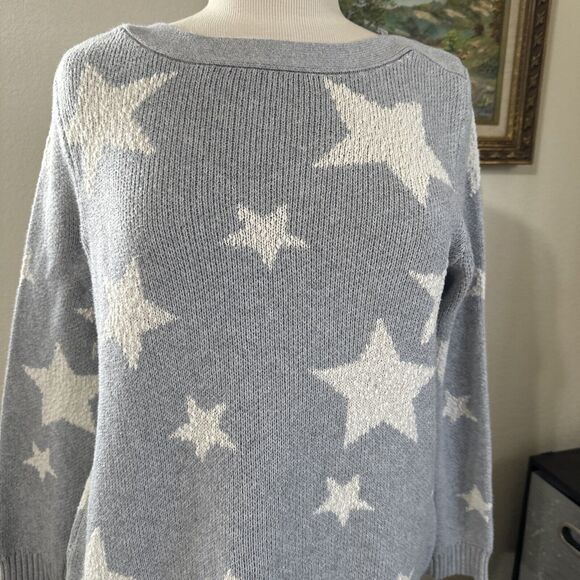 Marled Womens Lg Sweater Grey White Stars Knit Casual Y2K Crochet Cottage Core - Picture 2 of 12